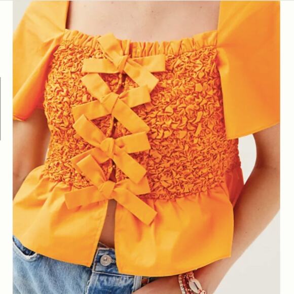Anthro Mare Mare Smocked Bow-Tie Orange Blouse - Picture 3 of 6